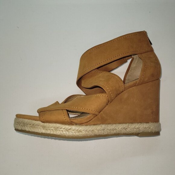 Frye Roberta Strap Wedge Sandal Women 6 Tan Nubuck Criss-Cross Strap Jute Detail - Picture 5 of 14
